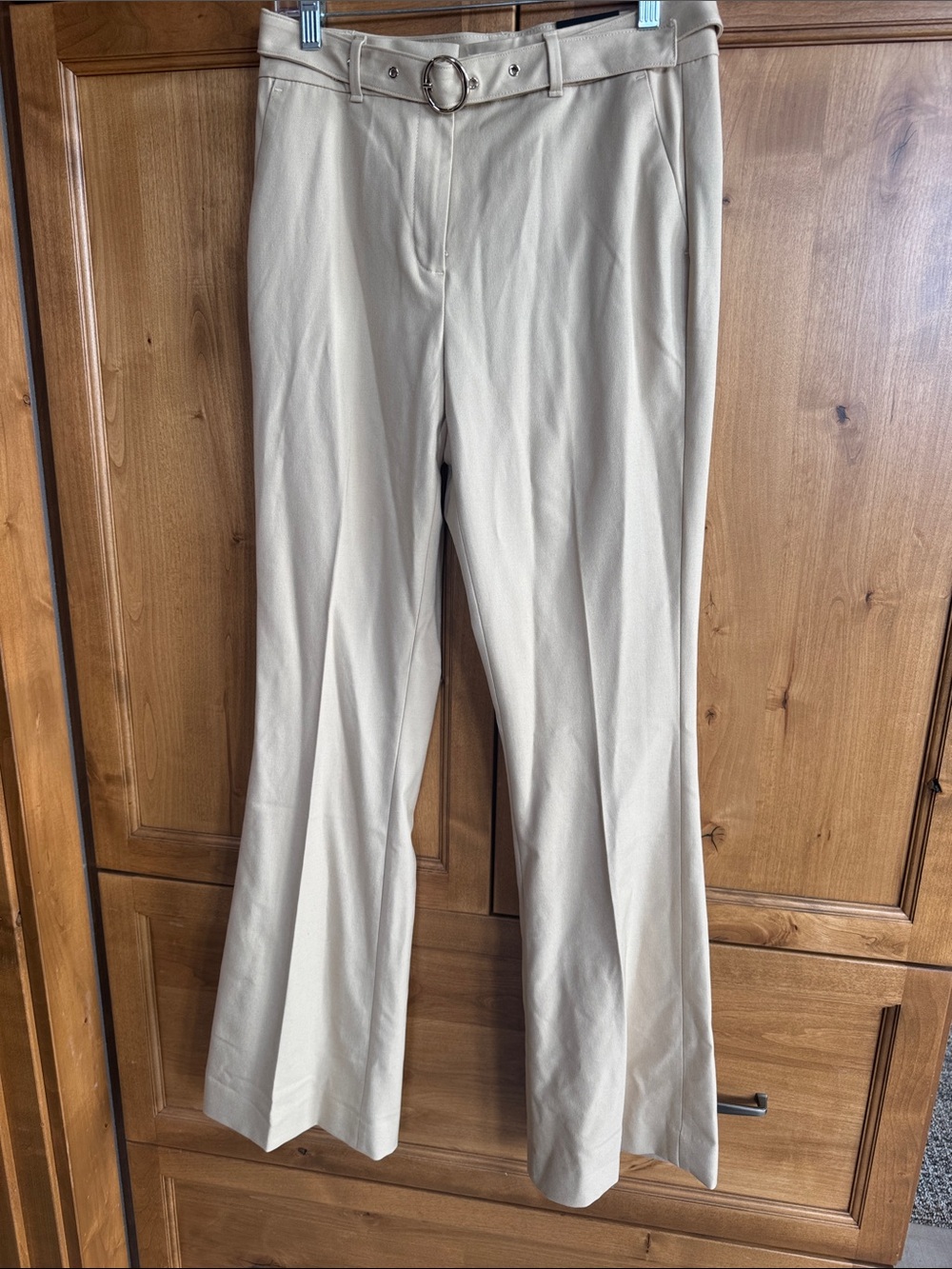 White House Black Market Beige Belted Straight-Leg Trousers